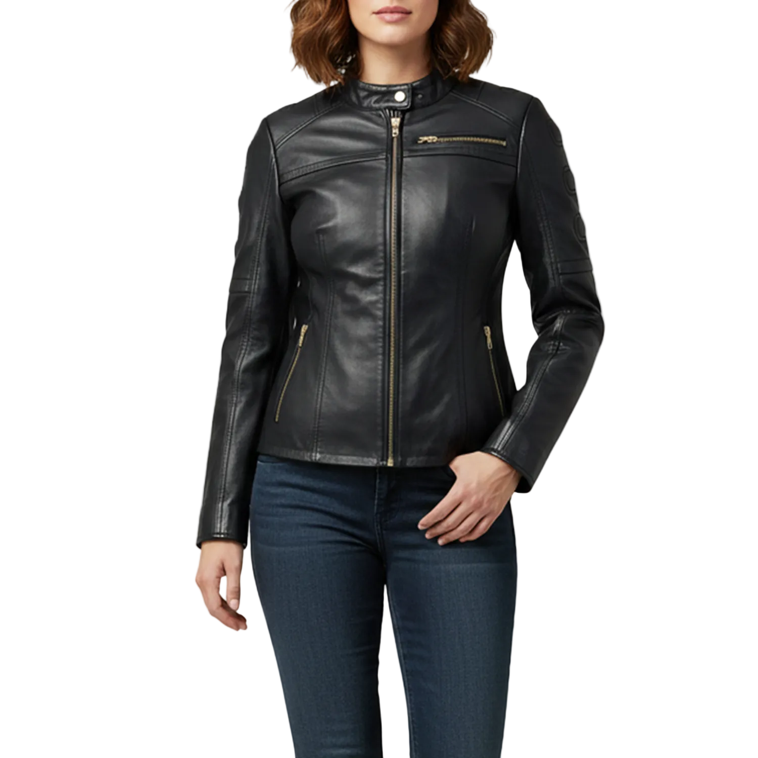 Black leather jacket worn by a person on a white background