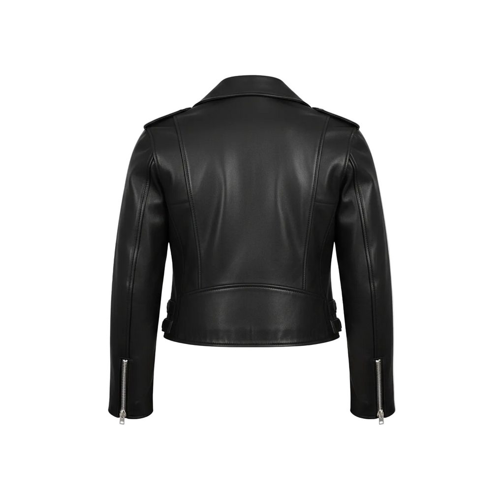 Black leather jacket on a white background with a brand logo.