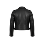 Black leather jacket on a white background with a brand logo.