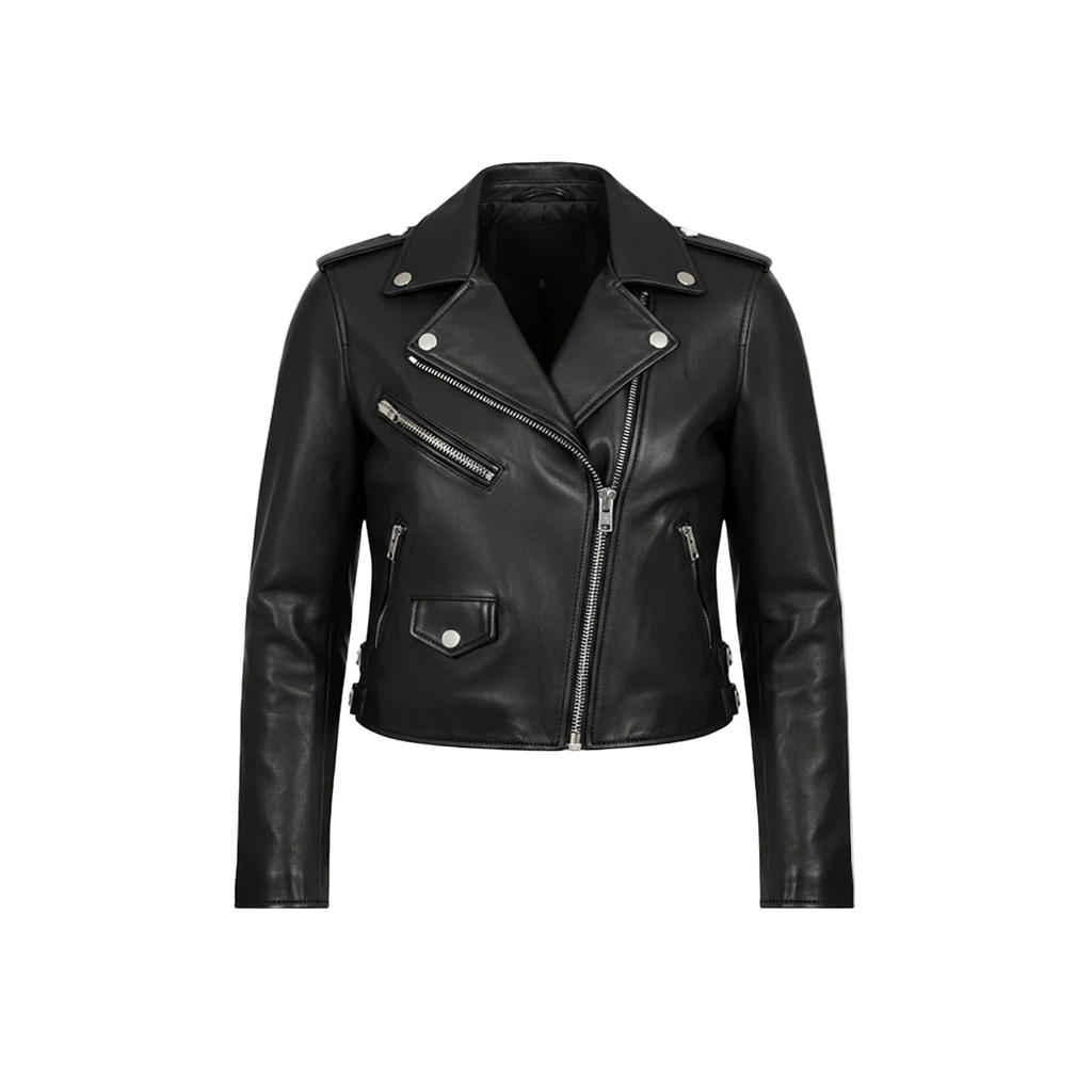 Black leather jacket on a white background with brand logo.