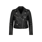 Black leather jacket on a white background with brand logo.