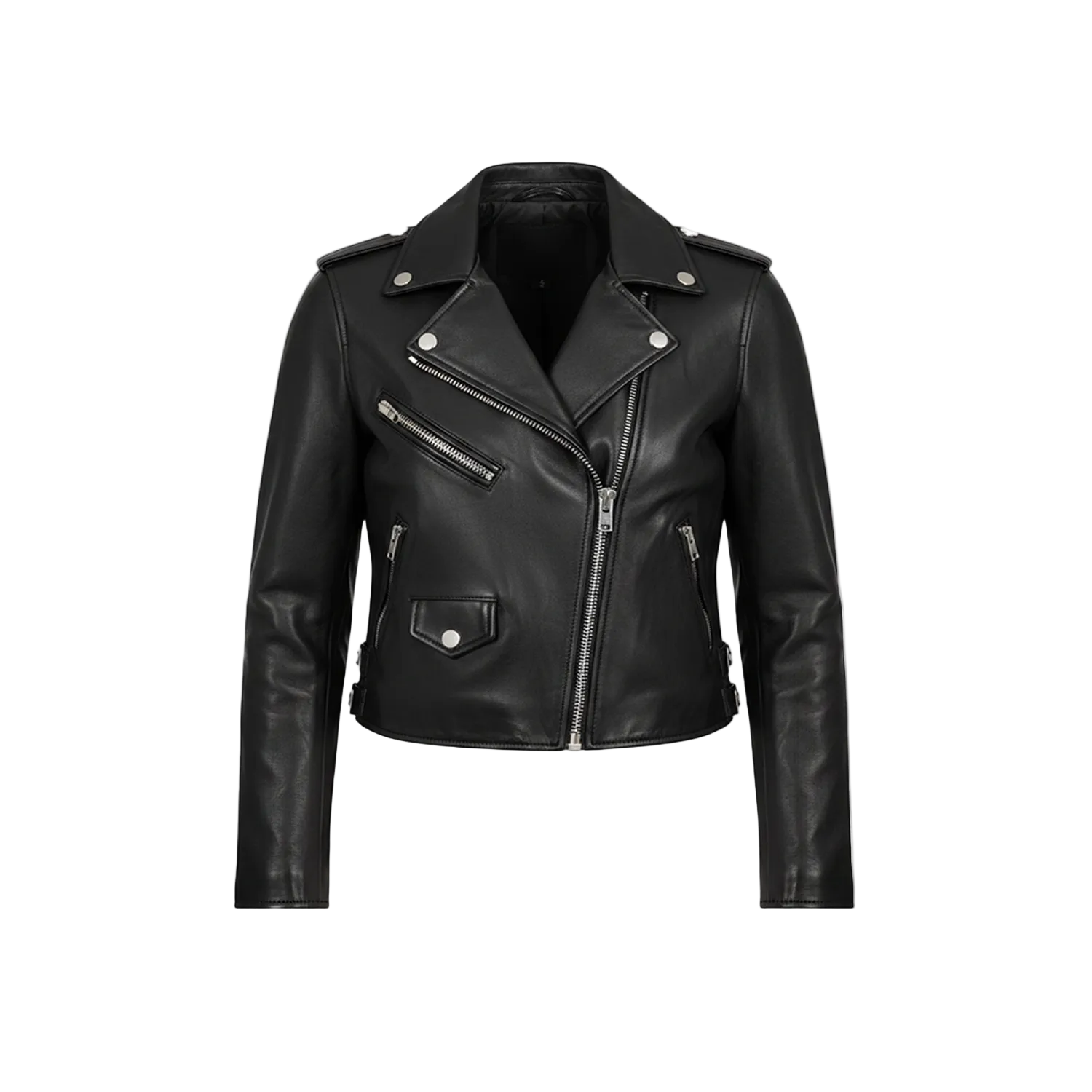 Black leather jacket on a white background with brand logo.