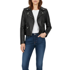 Person wearing a black leather jacket and blue jeans on a white background