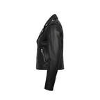 Black leather jacket on a white background with a brand logo.