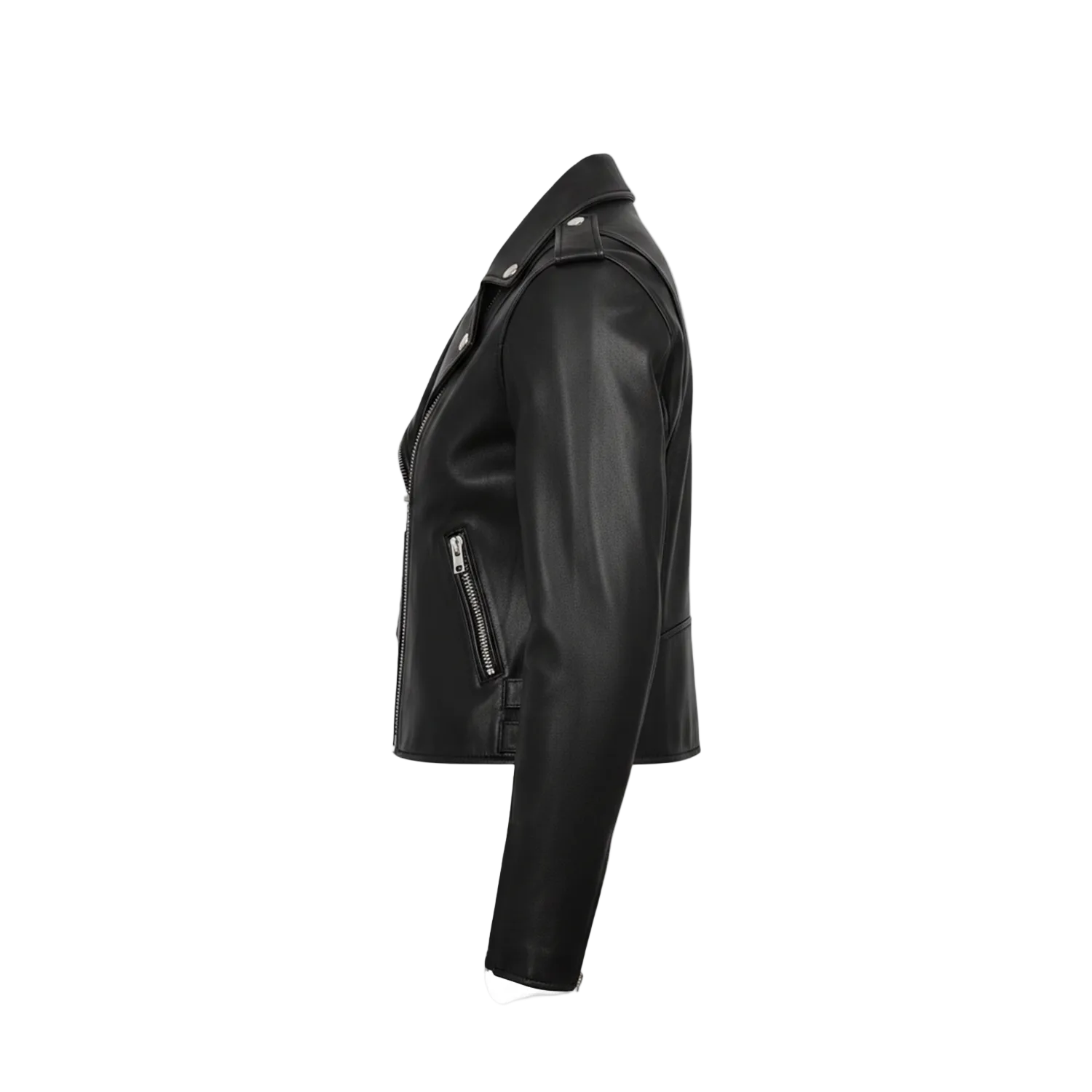 Black leather jacket on a white background with a brand logo.