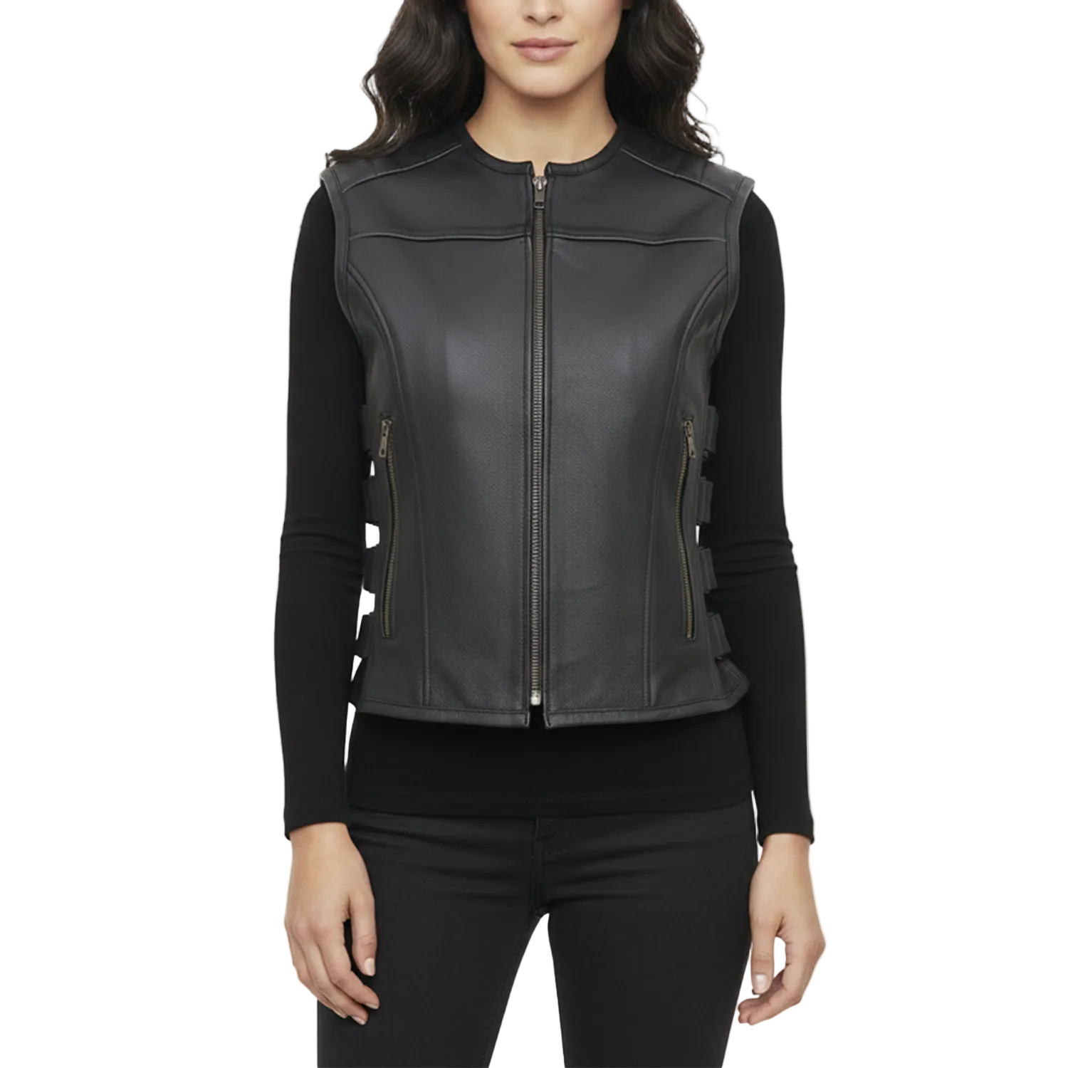 Black leather vest on a white background