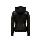 Women’s Black Leather Bomber Jacket with Removable Hood