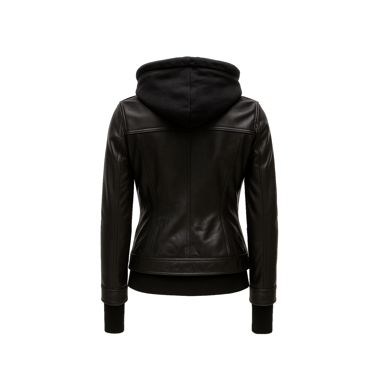 Women’s Black Leather Bomber Jacket with Removable Hood