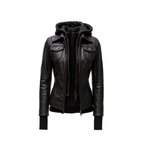Women’s Black Leather Bomber Jacket with Removable Hood