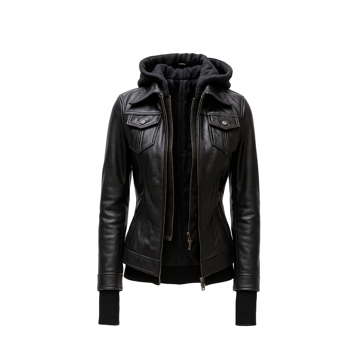 Women’s Black Leather Bomber Jacket with Removable Hood