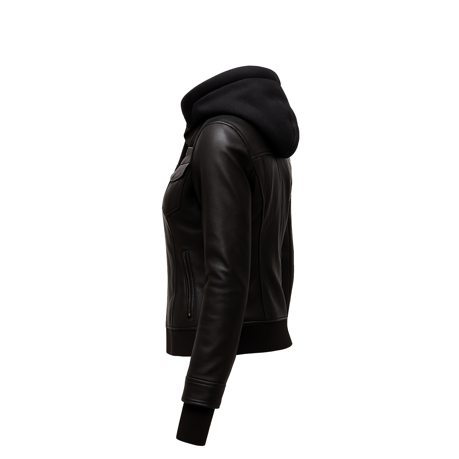 Women’s Black Leather Bomber Jacket with Removable Hood