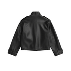 Black leather jacket on a white background with a brand logo.