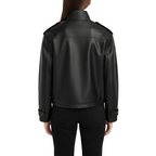 Black leather jacket worn by a person on a white background