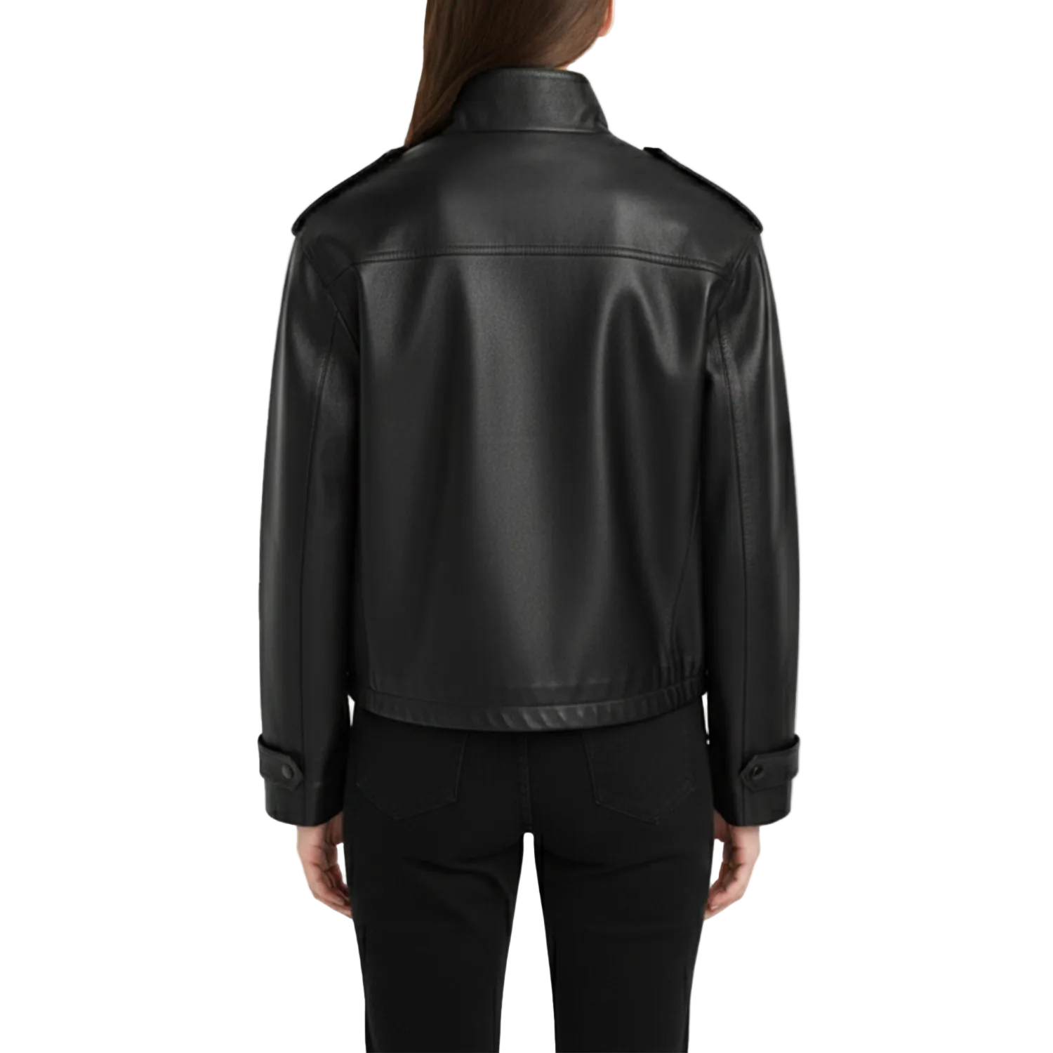 Black leather jacket worn by a person on a white background