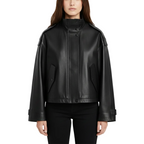 Black leather jacket worn by a model on a white background with a brand logo.