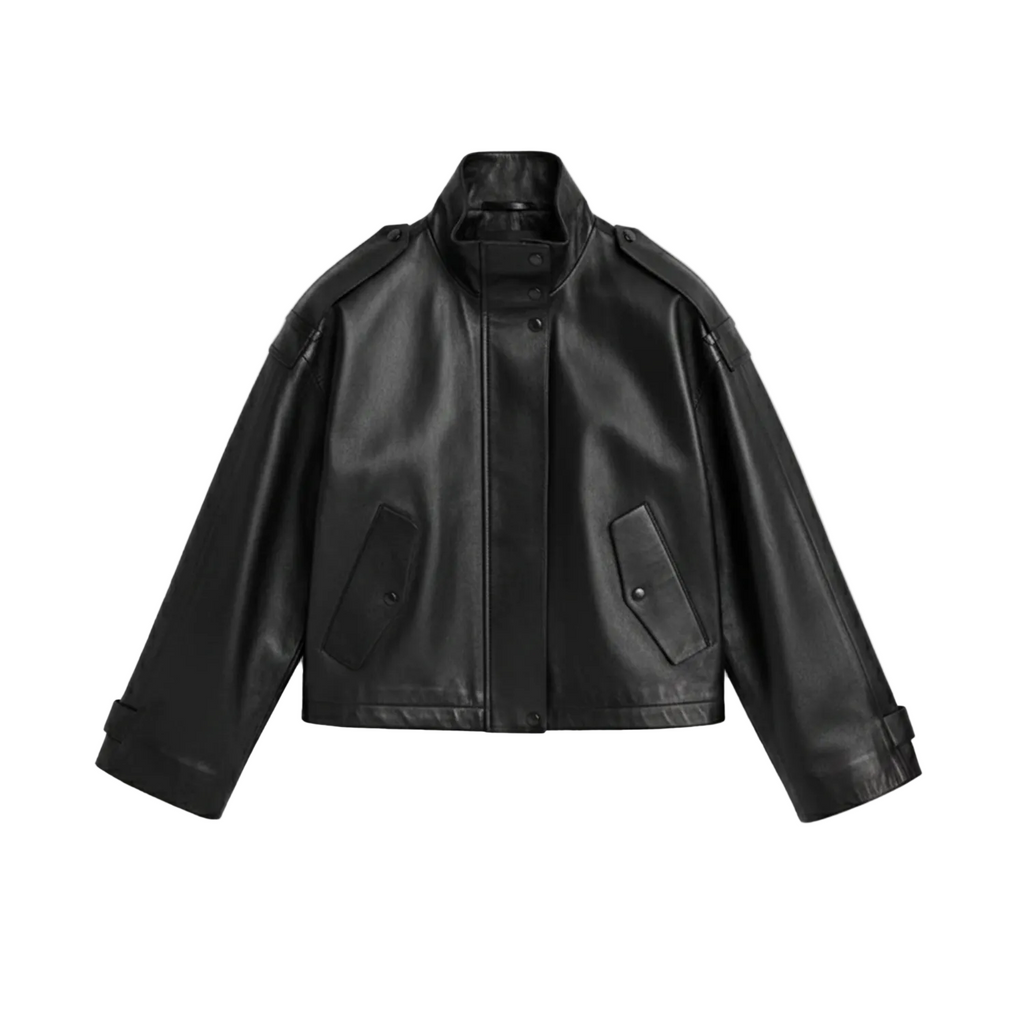 Black leather jacket on a white background with a brand logo.