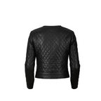 Black quilted leather jacket on a white background