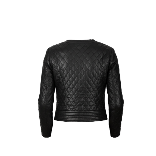 Black quilted leather jacket on a white background