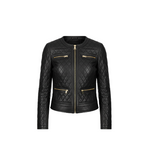 Black quilted leather jacket with gold zippers on a white background
