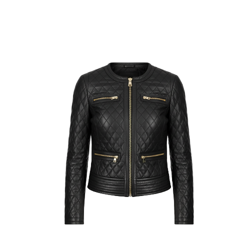 Black quilted leather jacket with gold zippers on a white background