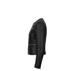 Black quilted leather jacket on a white background