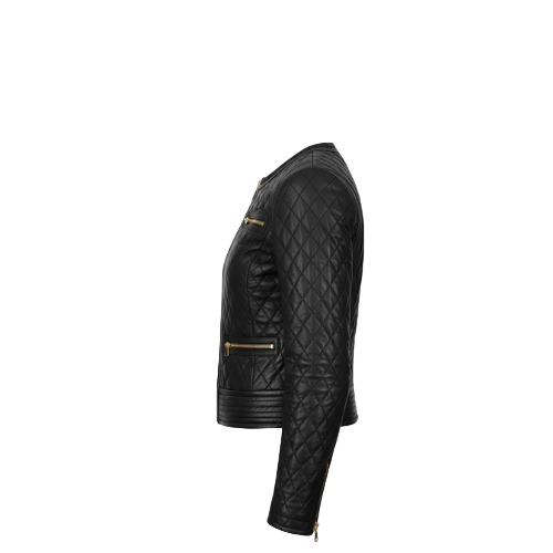 Black quilted leather jacket on a white background
