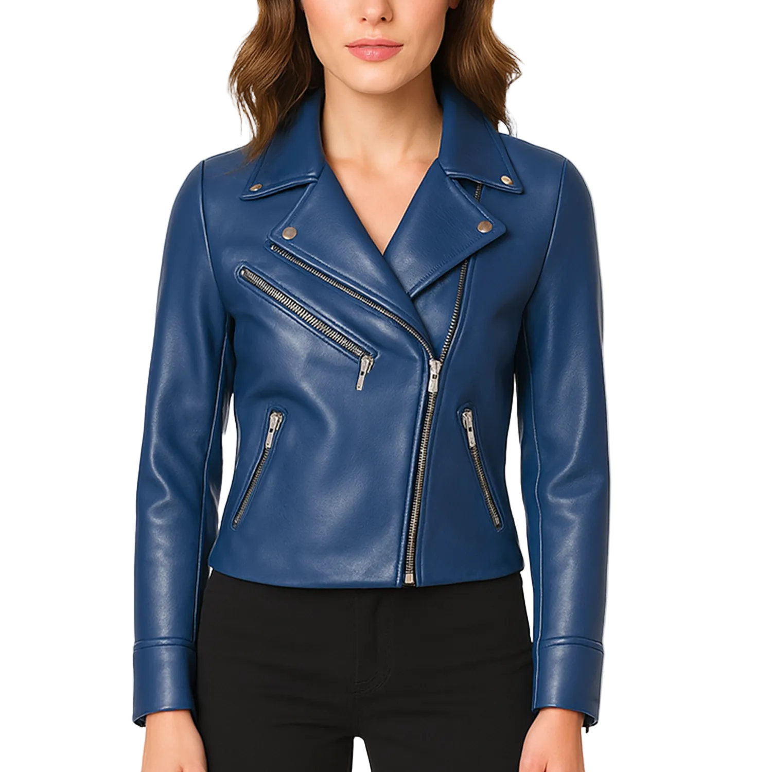 Blue leather jacket worn by a model on a white background