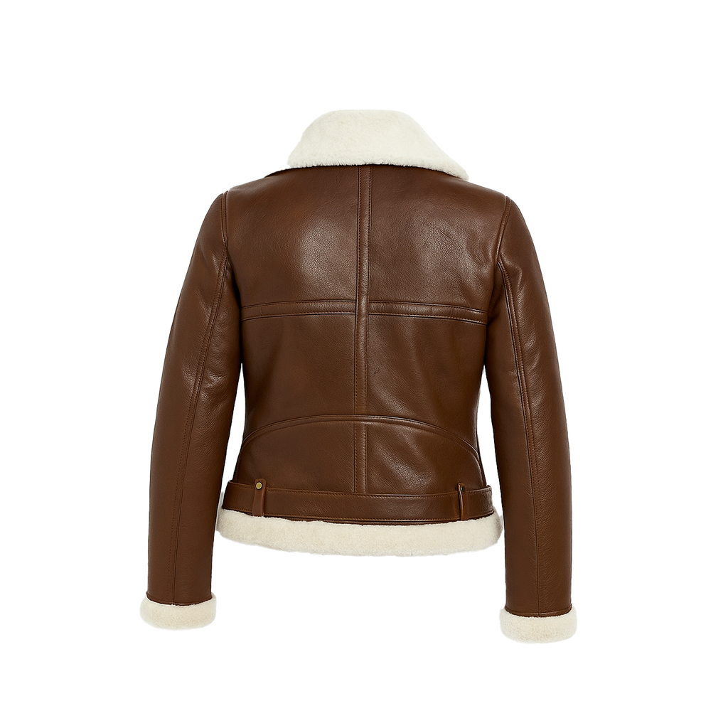 Brown leather jacket with white fur lining on a white background
