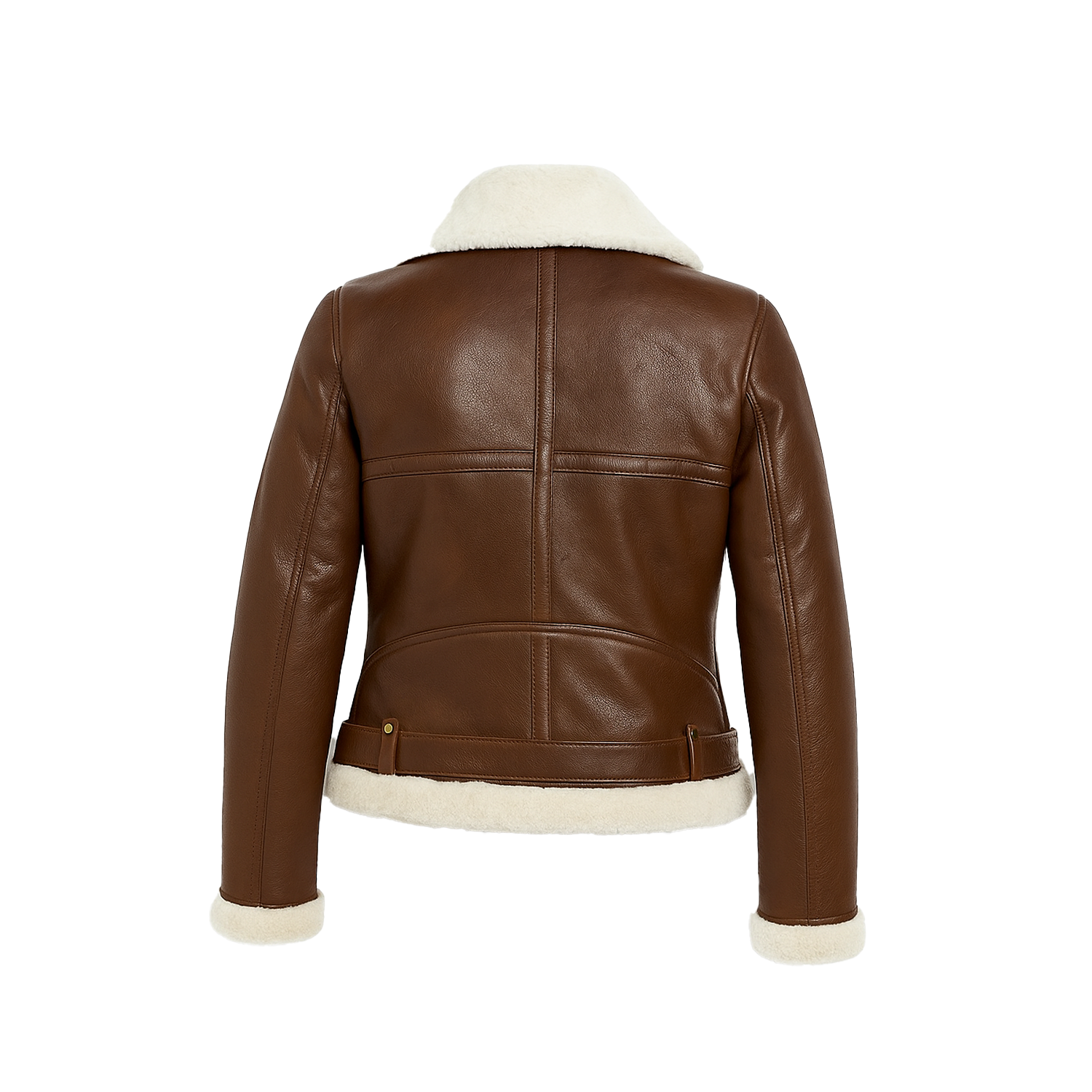 Brown leather jacket with white fur lining on a white background