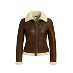 Brown leather jacket with cream fur lining on a white background
