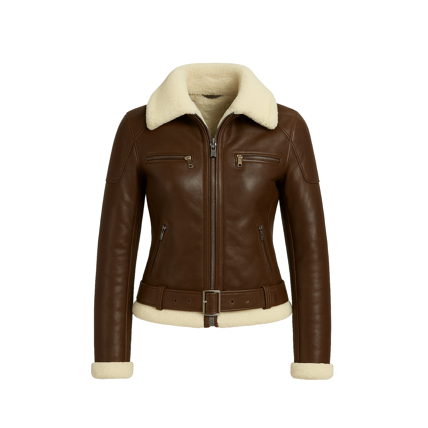 Brown leather jacket with cream fur lining on a white background