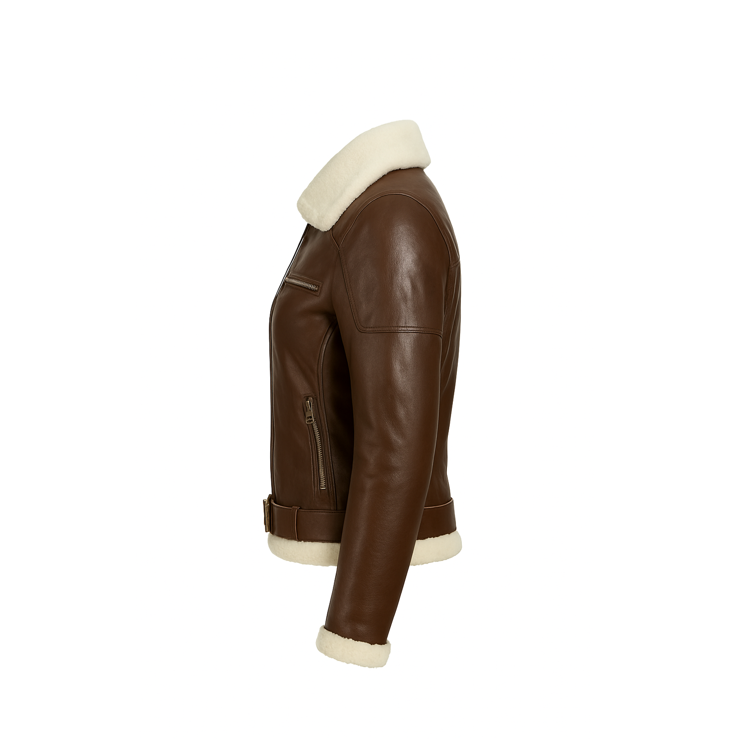 Brown leather jacket with white fur lining on a white background