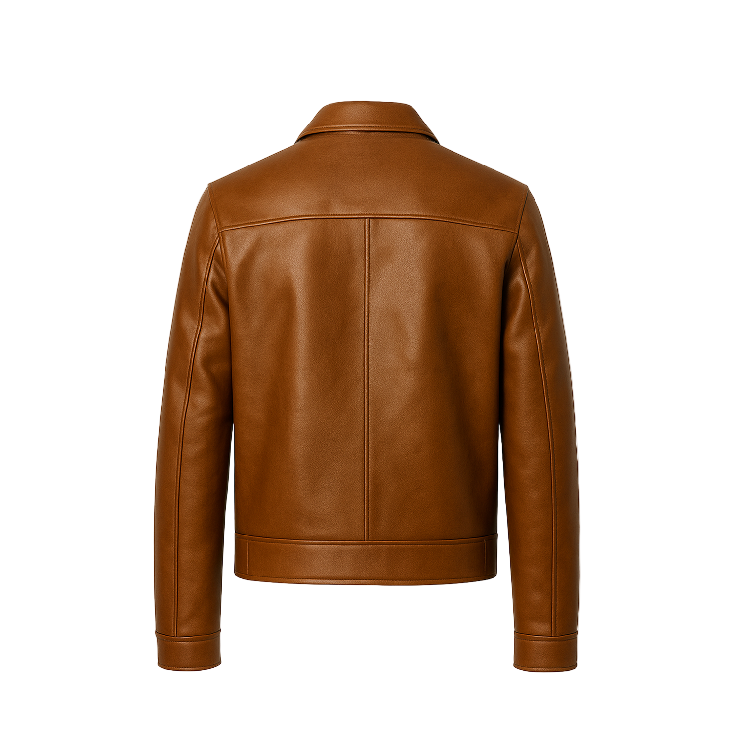 Brown leather jacket on a white background with a brand logo.