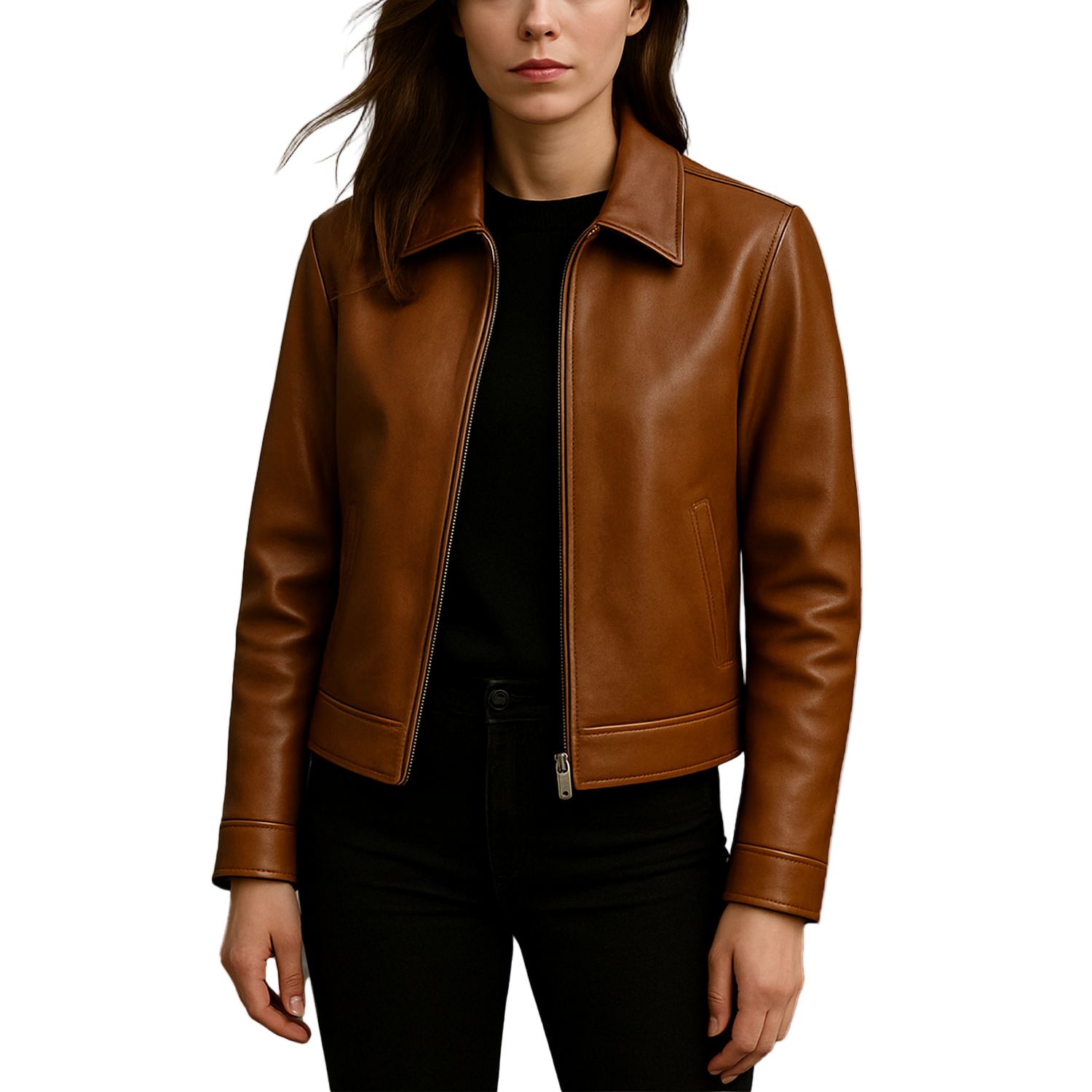 Brown leather jacket worn by a person on a white background