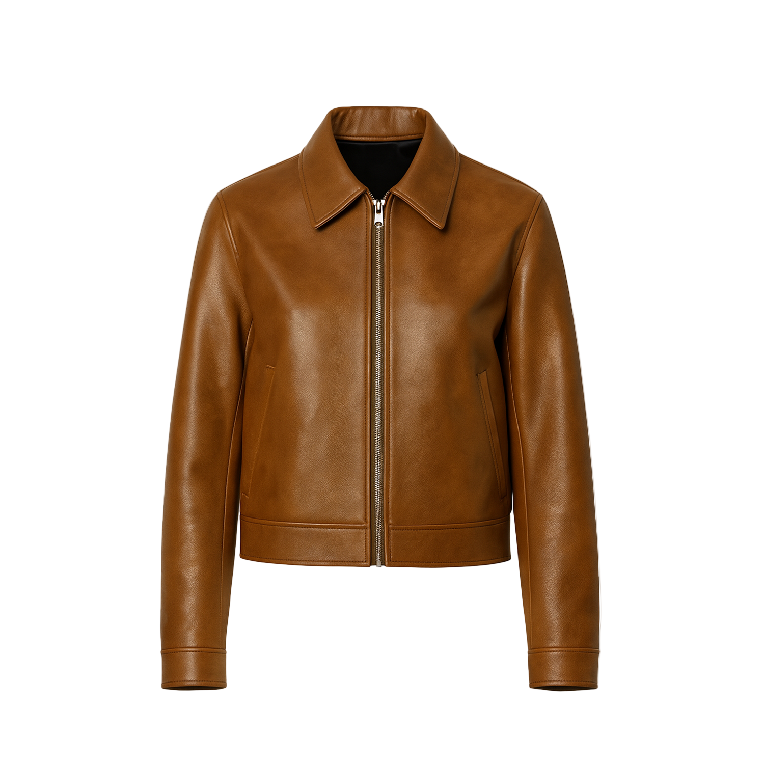 Brown leather jacket on a white background with a brand logo.