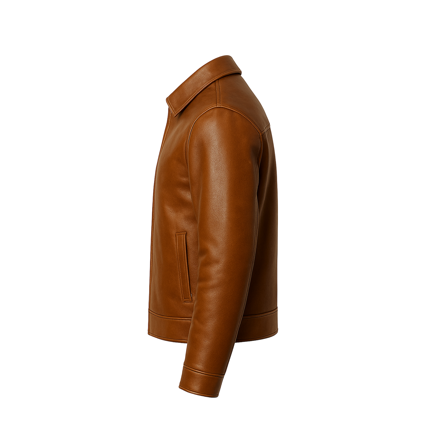Brown leather jacket on a white background with a brand logo in the corner.