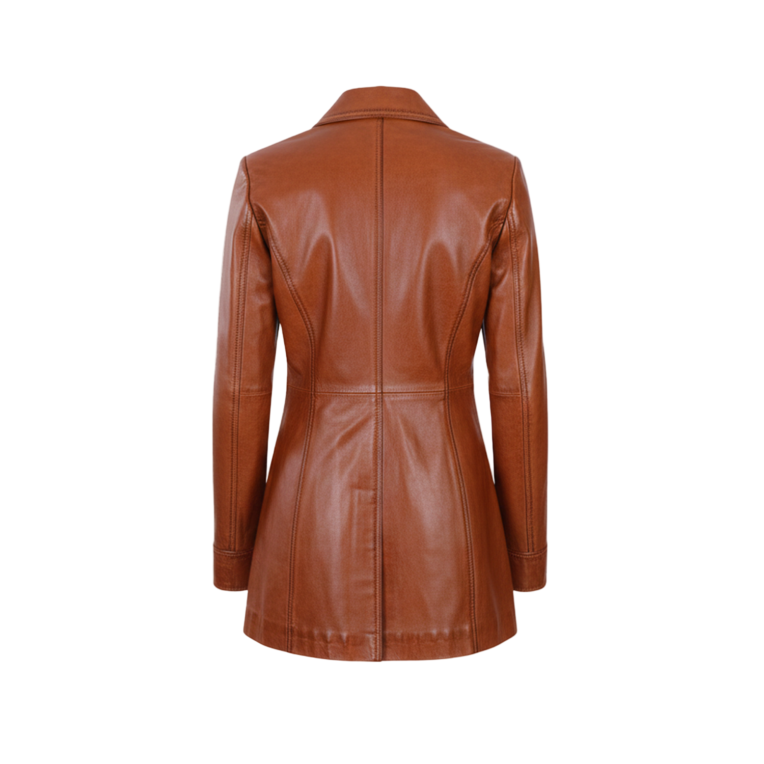 Brown leather jacket on a white background with a brand logo.