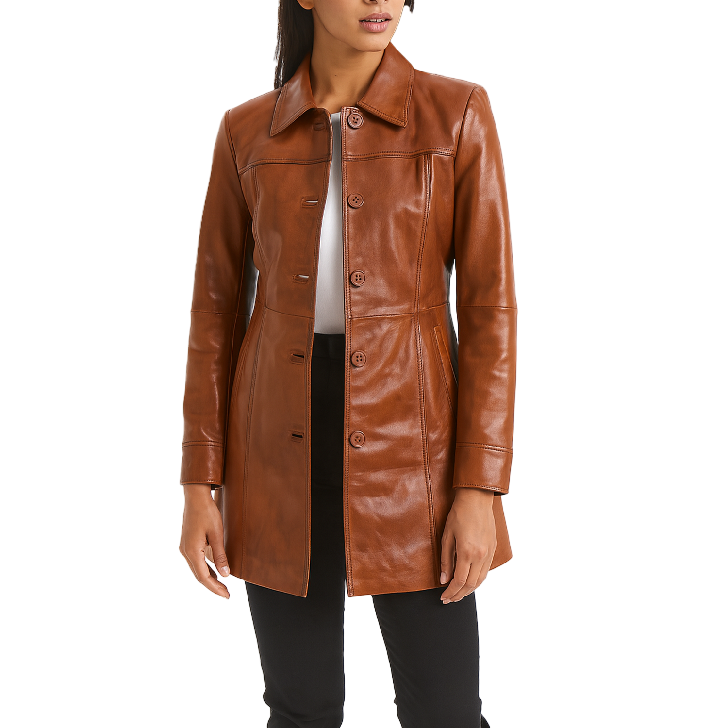 Brown leather coat worn by a model on a white background