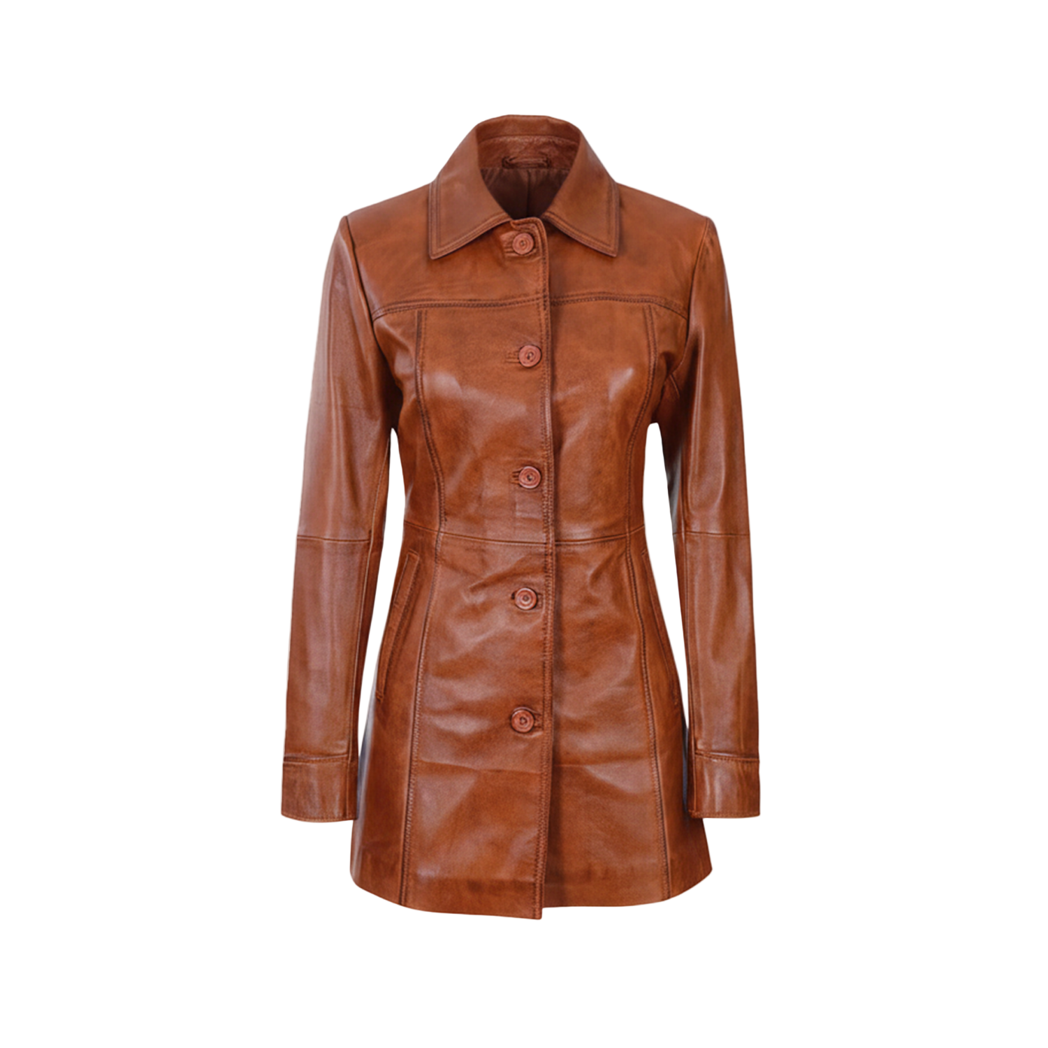 Brown leather coat on a white background with a brand logo.