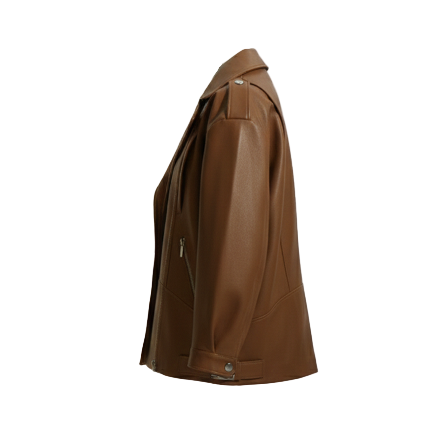 Brown leather jacket on a white background with a brand logo.