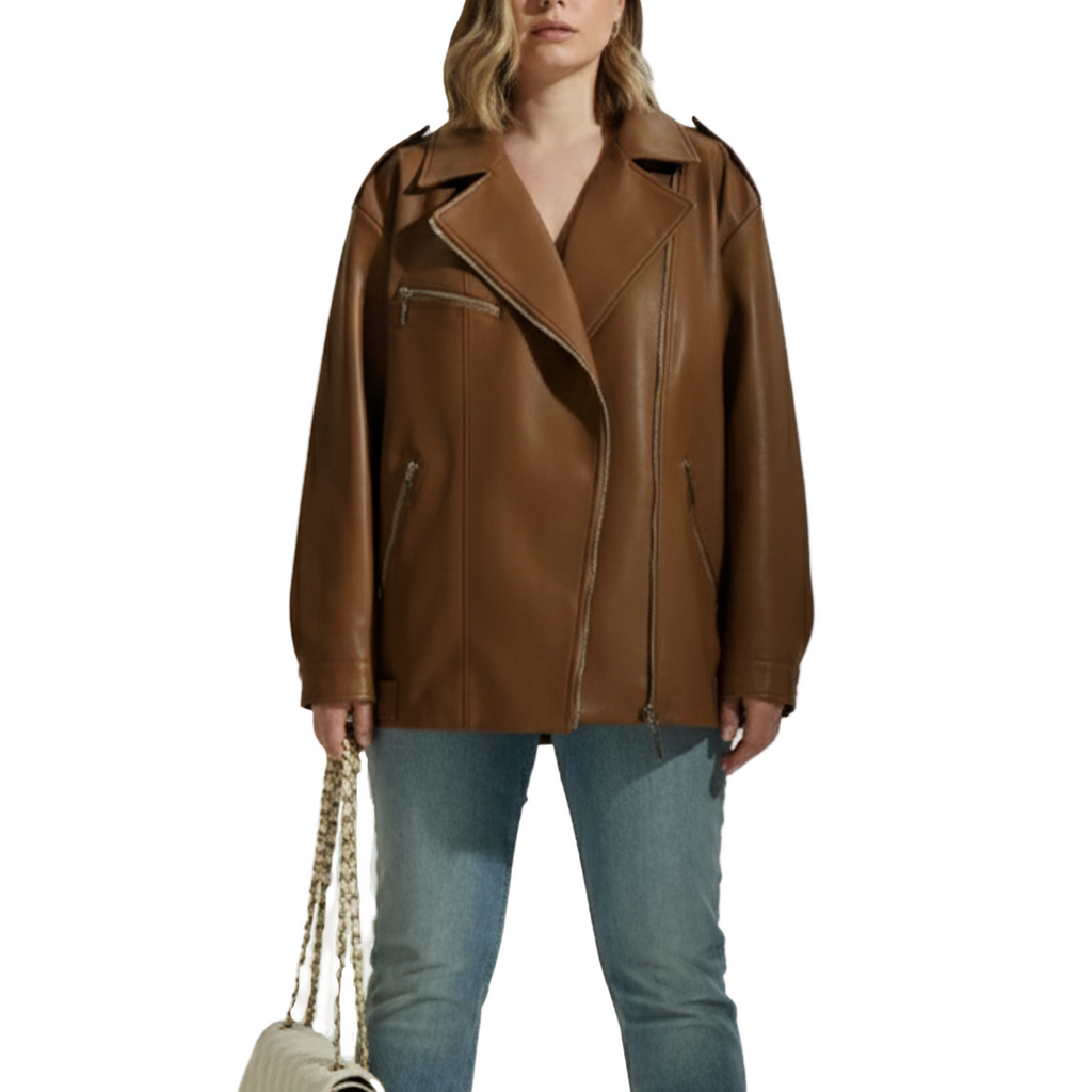 Brown leather jacket worn by a person on a white background