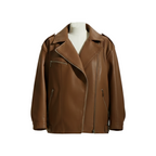 Brown leather jacket on a mannequin with a white background