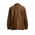 Brown leather jacket on a white background with a brand logo in the corner.