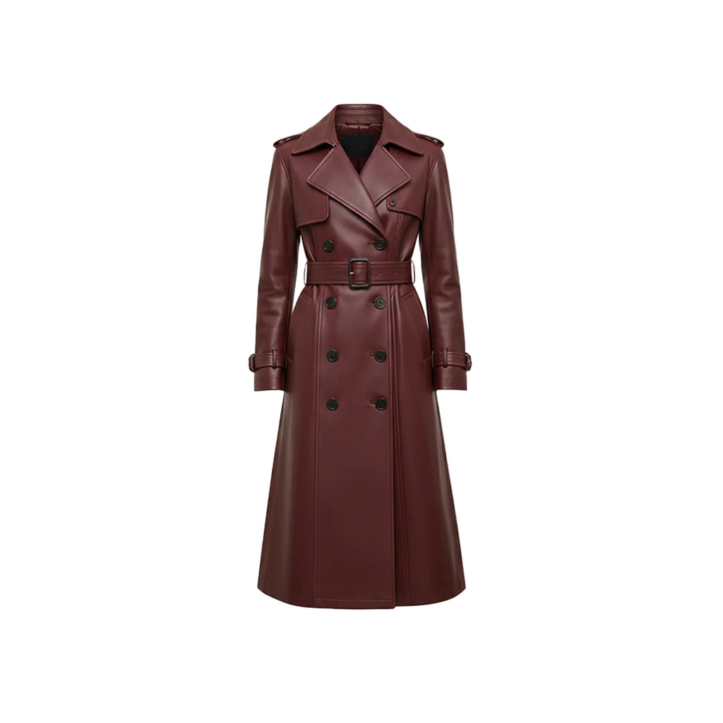 Brown leather trench coat on a white background with a brand logo.