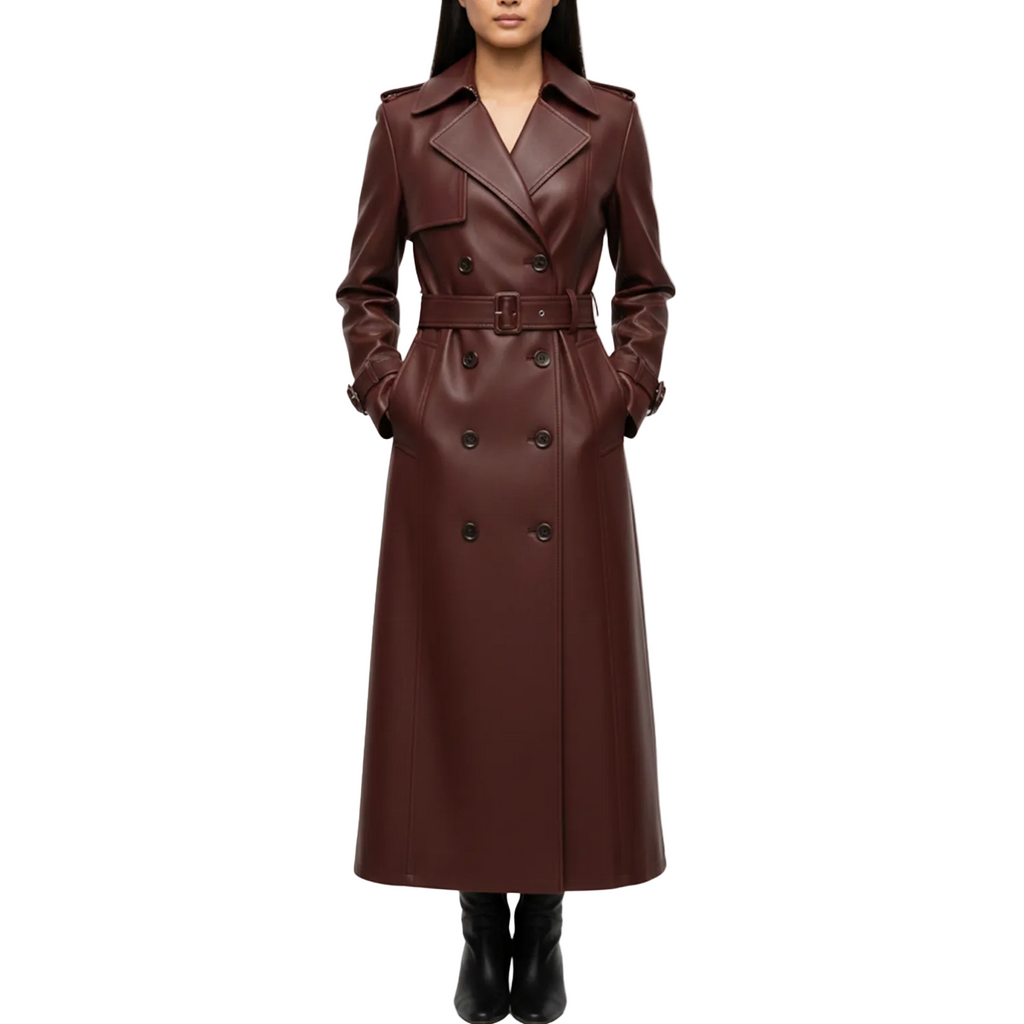 Brown leather trench coat worn by a model on a white background