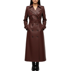 Brown leather trench coat worn by a model on a white background