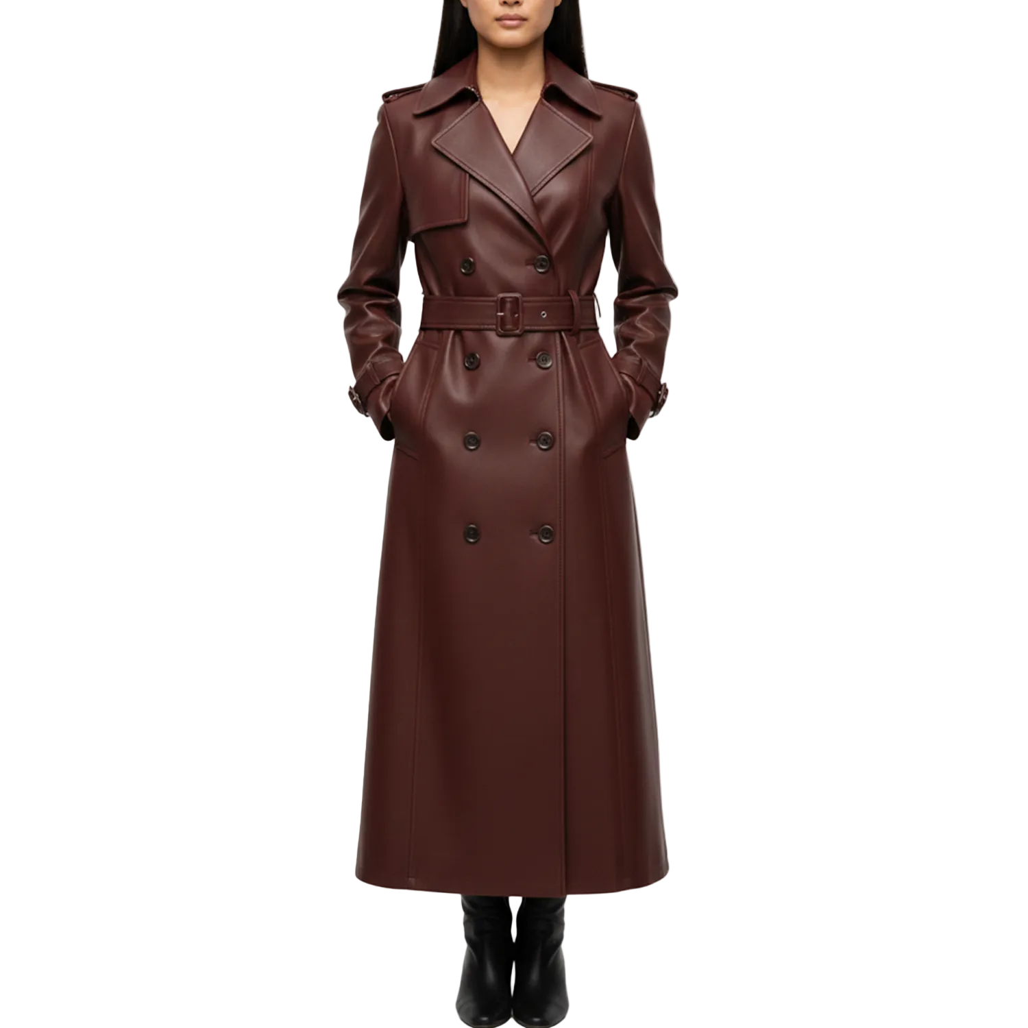 Brown leather trench coat worn by a model on a white background