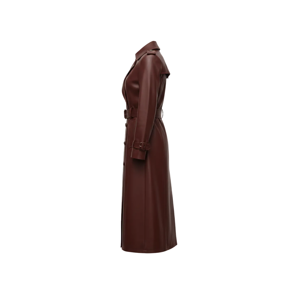 Brown leather trench coat on a white background with brand logo.