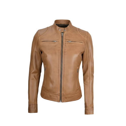 Tan leather jacket on a white background