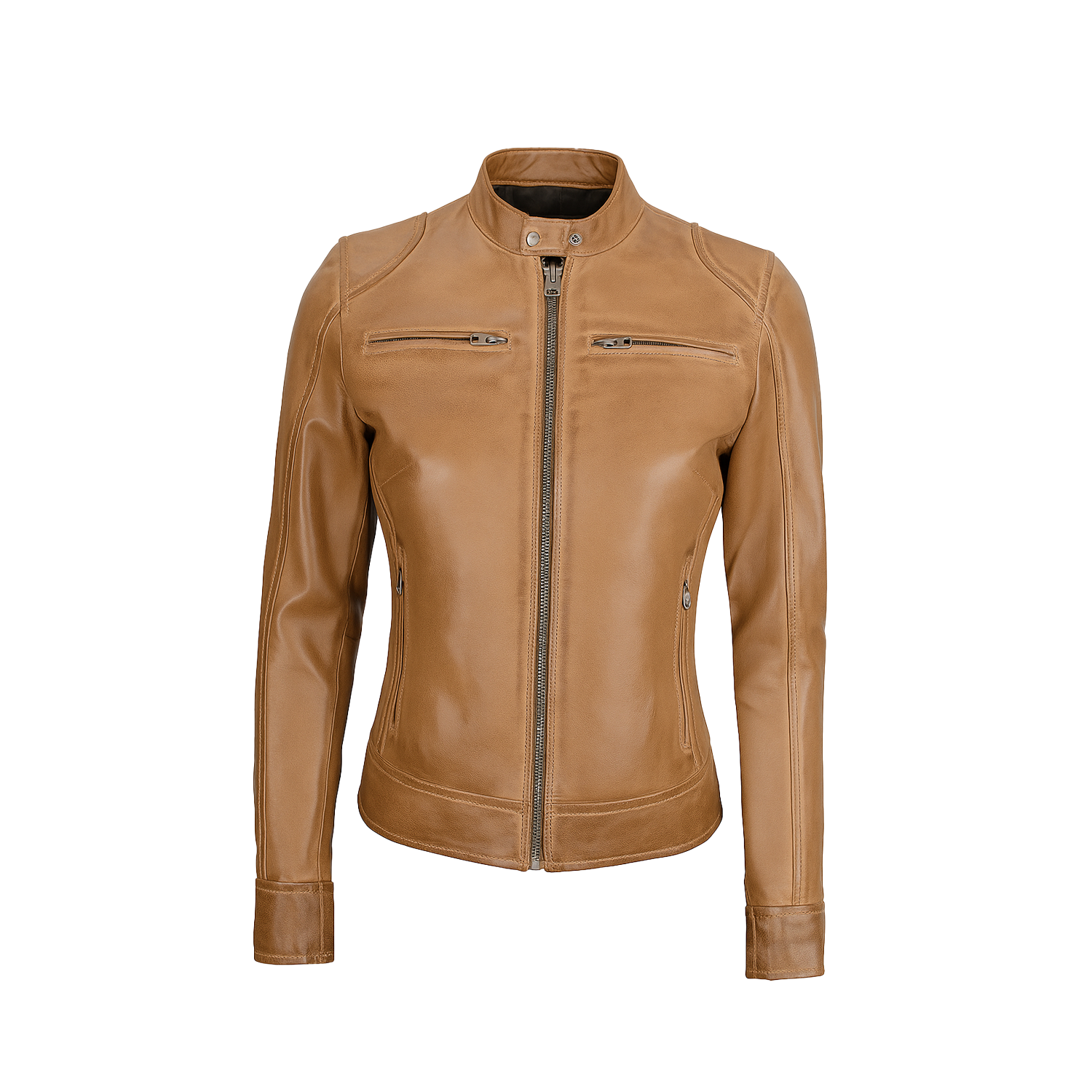 Tan leather jacket on a white background